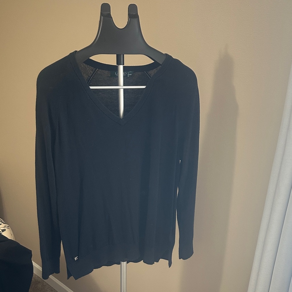 Ralph Lauren Double RL Black Knit Sweater with Silver Logo Accent